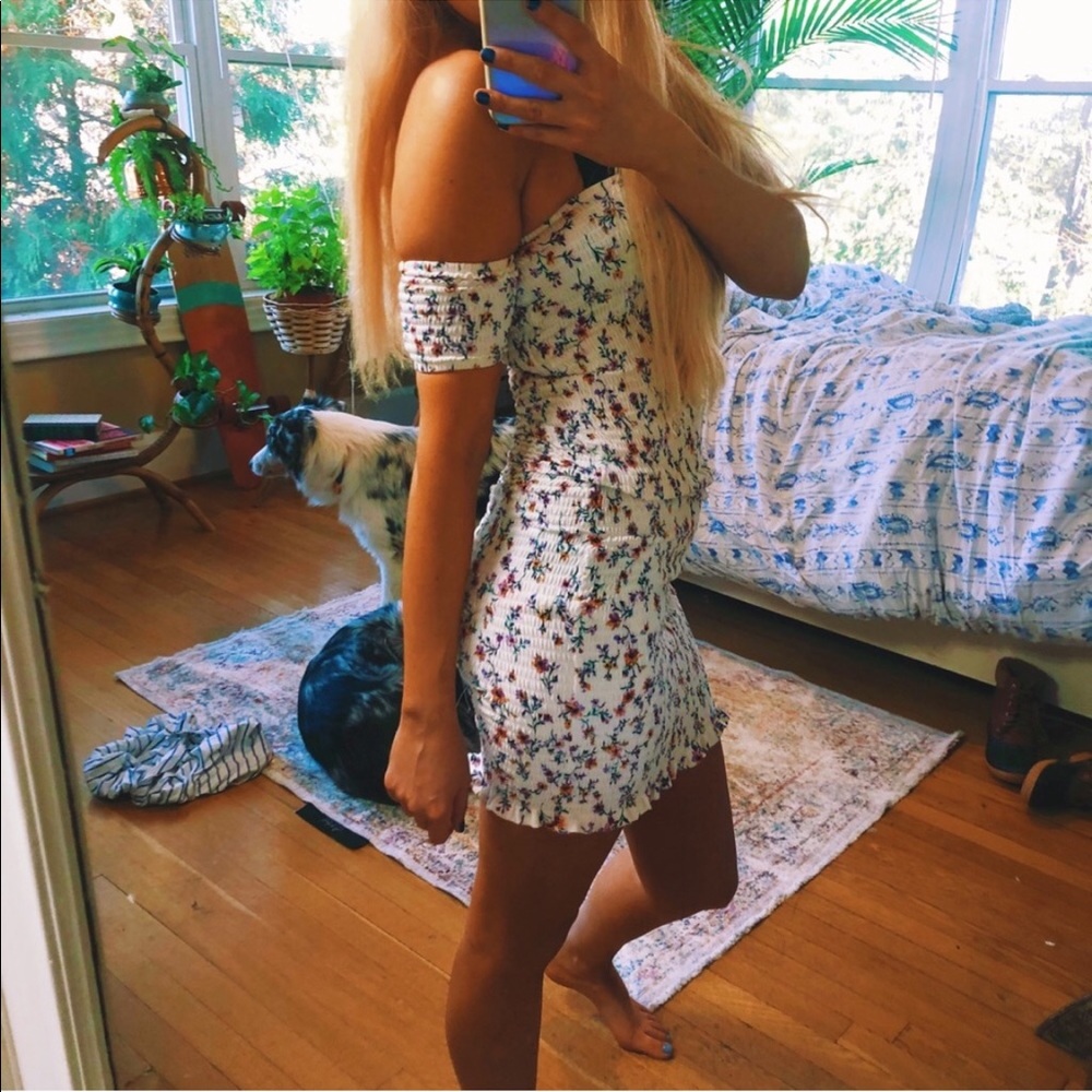 white floral silky bodycon off shoulder stress